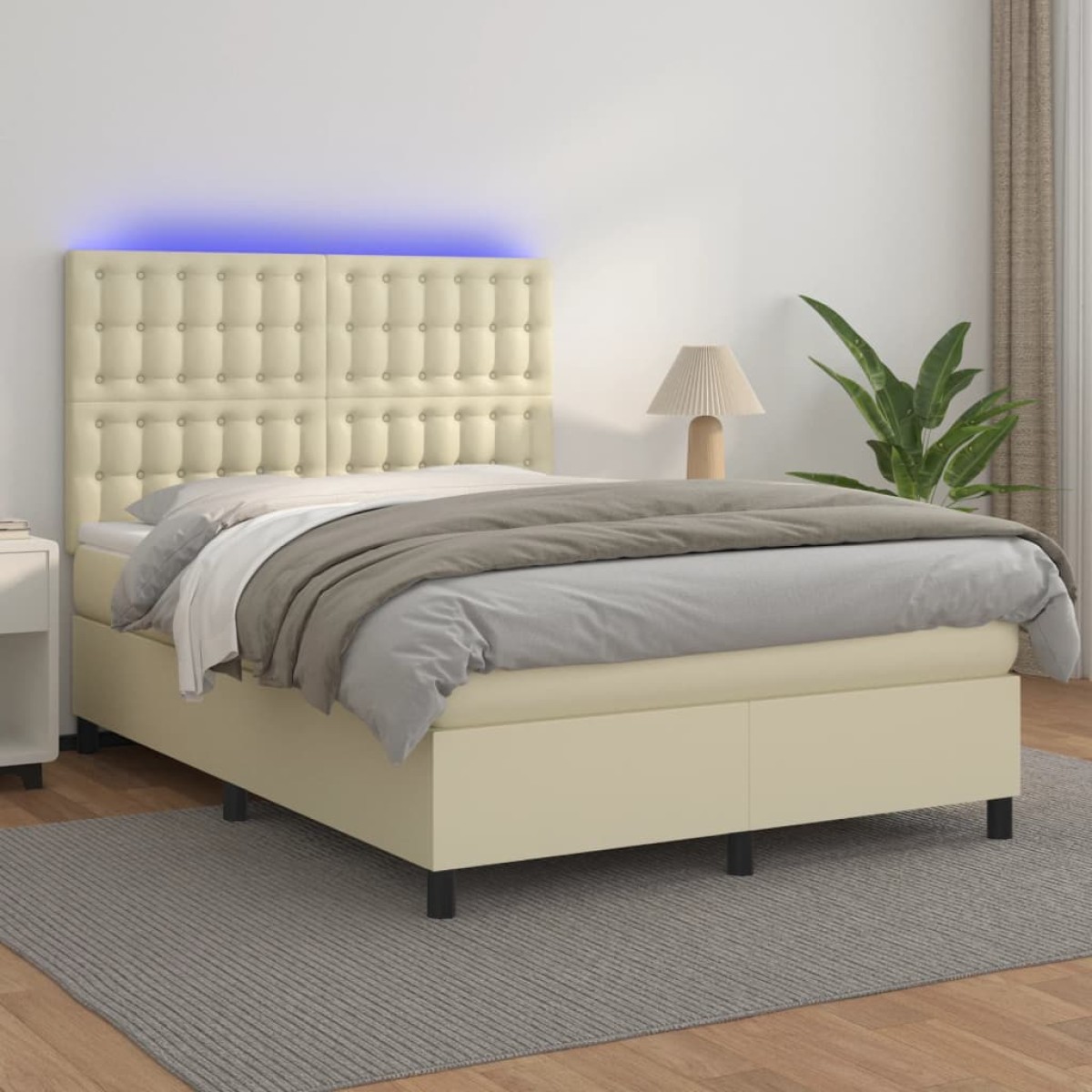 vidaXL Κρεβάτι Boxspring με Στρώμα & LED Κρεμ 140x190 εκ. Συνθ. Δέρμα