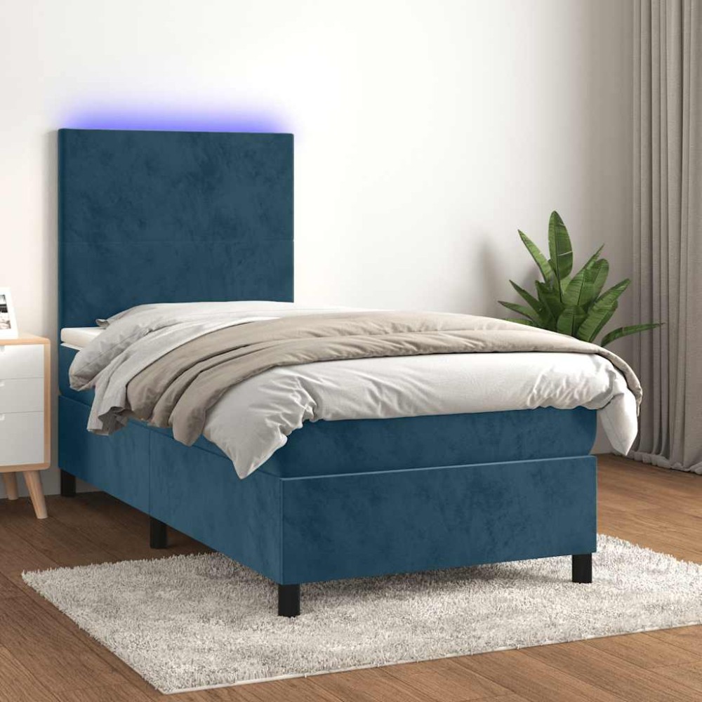 vidaXL Κρεβάτι Boxspring με Στρώμα & LED Σκ. Μπλε 80x200 εκ. Βελούδινο