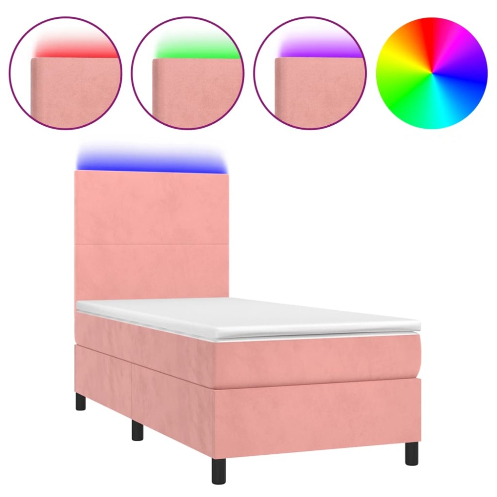 vidaXL Κρεβάτι Boxspring με Στρώμα & LED Ροζ 90x190 εκ. Βελούδινο