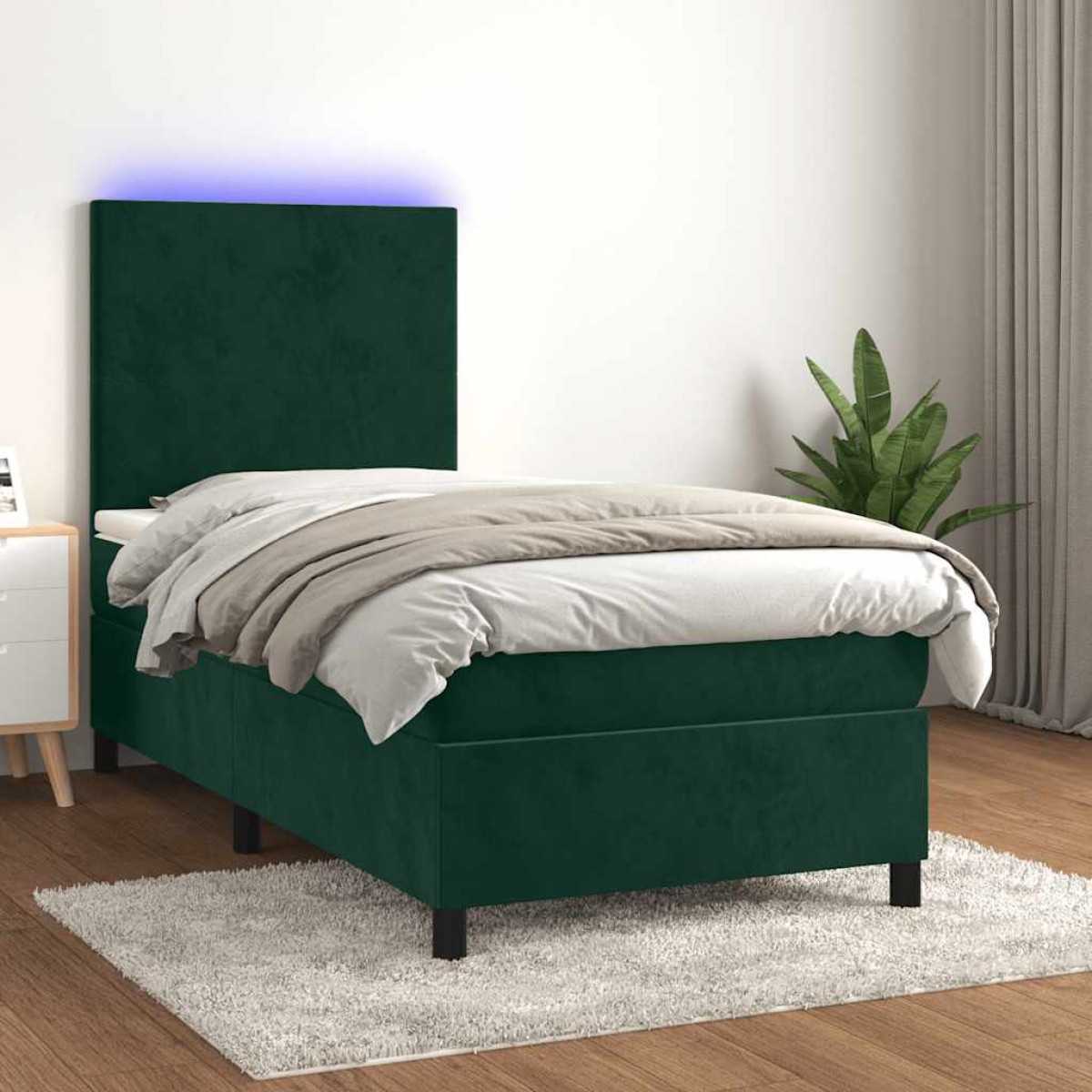 vidaXL Κρεβάτι Boxspring με Στρώμα & LED Σκ. Πράσινο 90x200 εκ Βελούδο