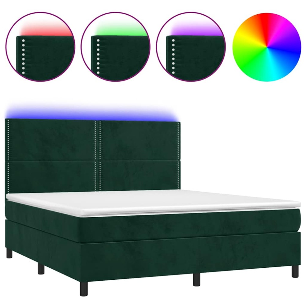 vidaXL Κρεβάτι Boxspring με Στρώμα & LED Σκ. Πράσινο 180x200εκ Βελούδο