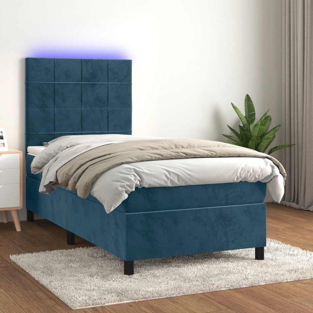 vidaXL Κρεβάτι Boxspring με Στρώμα & LED Σκ. Μπλε 80x200 εκ. Βελούδινο