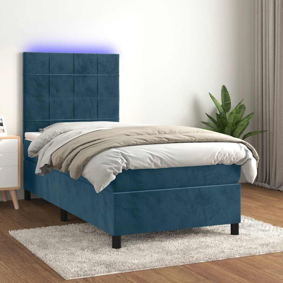 vidaXL Κρεβάτι Boxspring με Στρώμα & LED Σκ. Μπλε 80x200 εκ. Βελούδινο