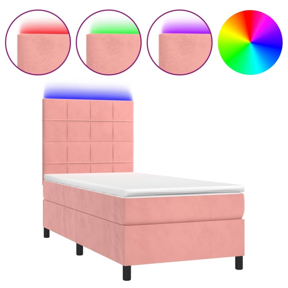 vidaXL Κρεβάτι Boxspring με Στρώμα & LED Ροζ 90x190 εκ. Βελούδινο
