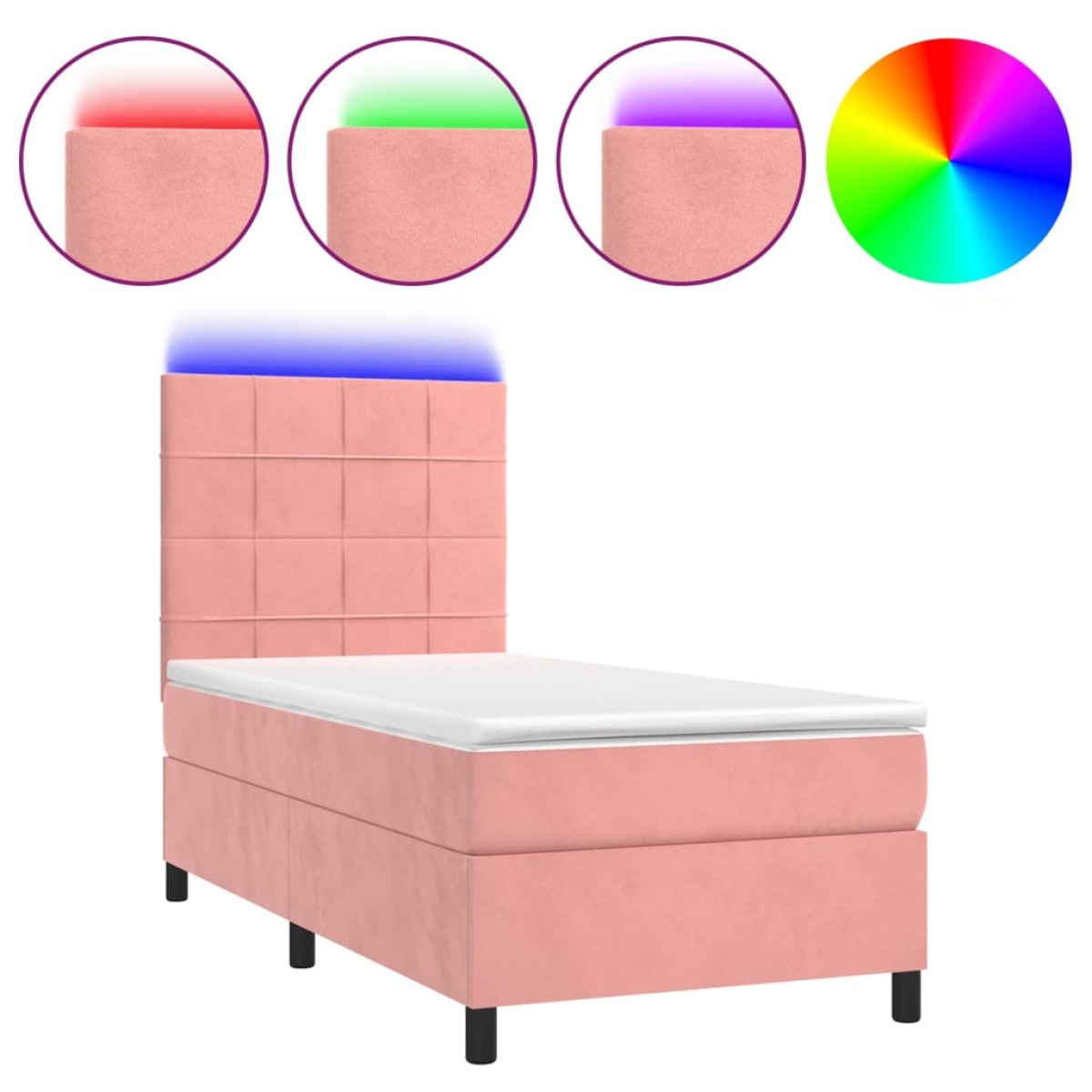 vidaXL Κρεβάτι Boxspring με Στρώμα & LED Ροζ 90x190 εκ. Βελούδινο