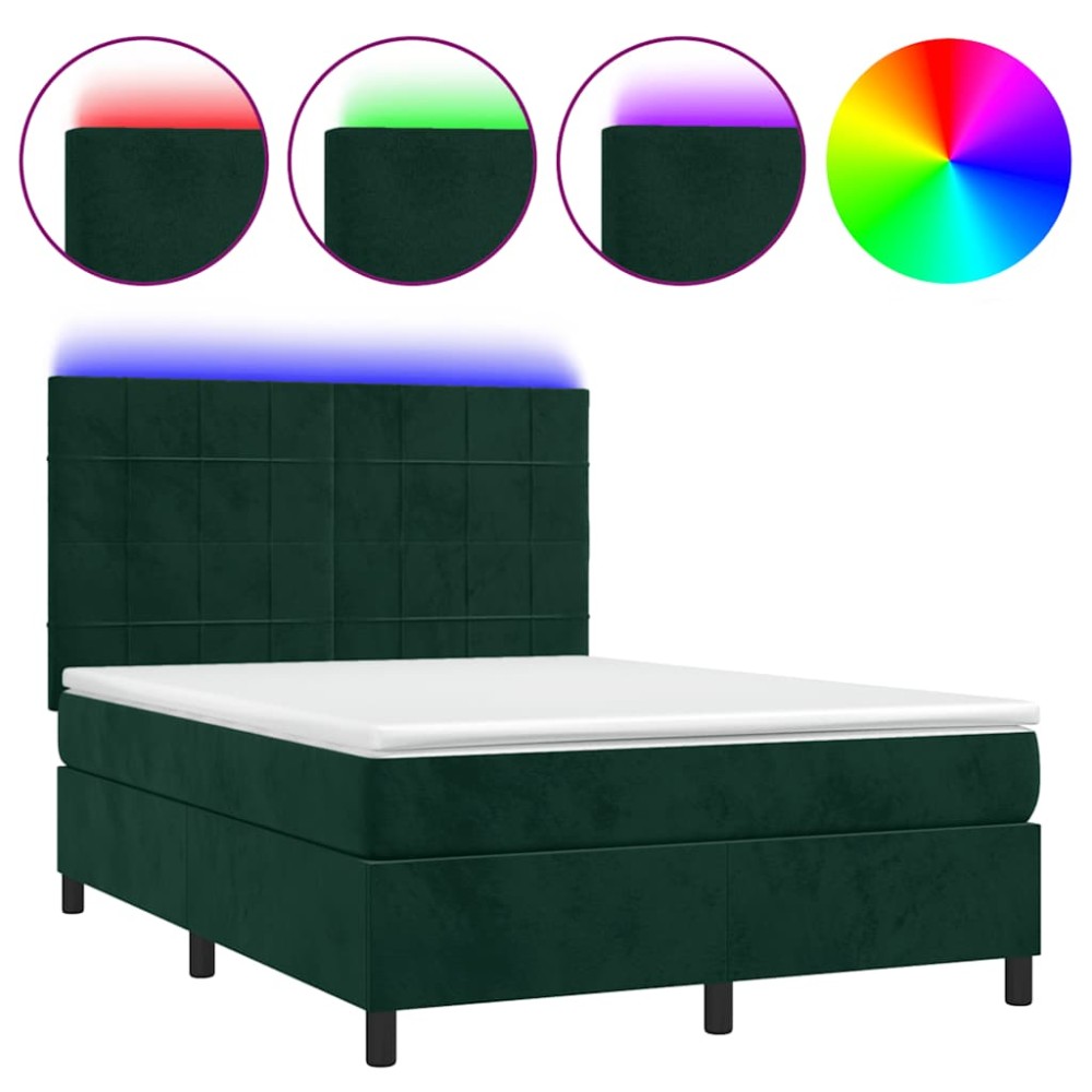 vidaXL Κρεβάτι Boxspring με Στρώμα & LED Σκ. Πράσινο 140x190εκ Βελούδο