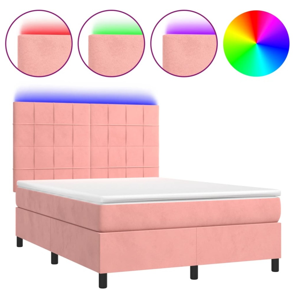 vidaXL Κρεβάτι Boxspring με Στρώμα & LED Ροζ 140x200 εκ. Βελούδινο