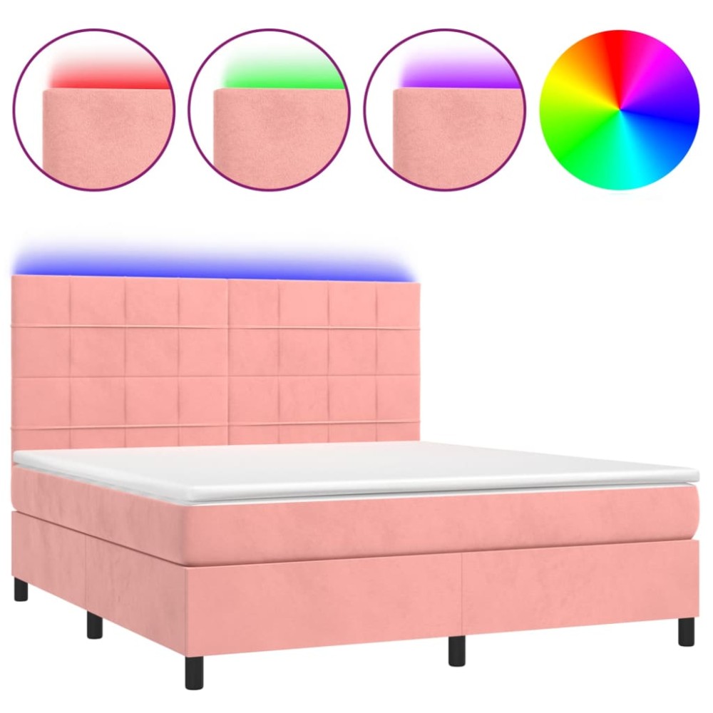vidaXL Κρεβάτι Boxspring με Στρώμα & LED Ροζ 160x200 εκ. Βελούδινο