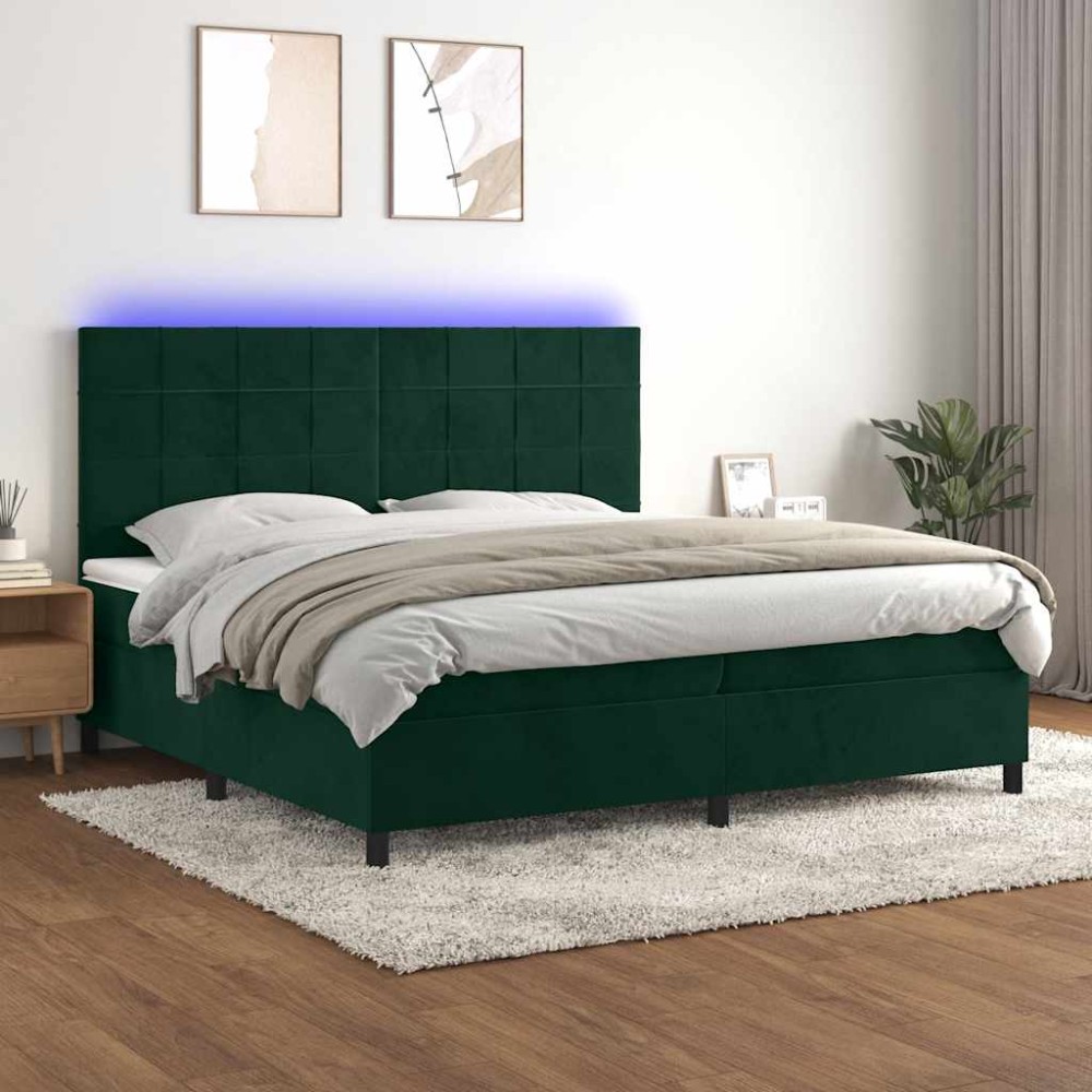 vidaXL Κρεβάτι Boxspring με Στρώμα & LED Σκ. Πράσινο 200x200εκ Βελούδο