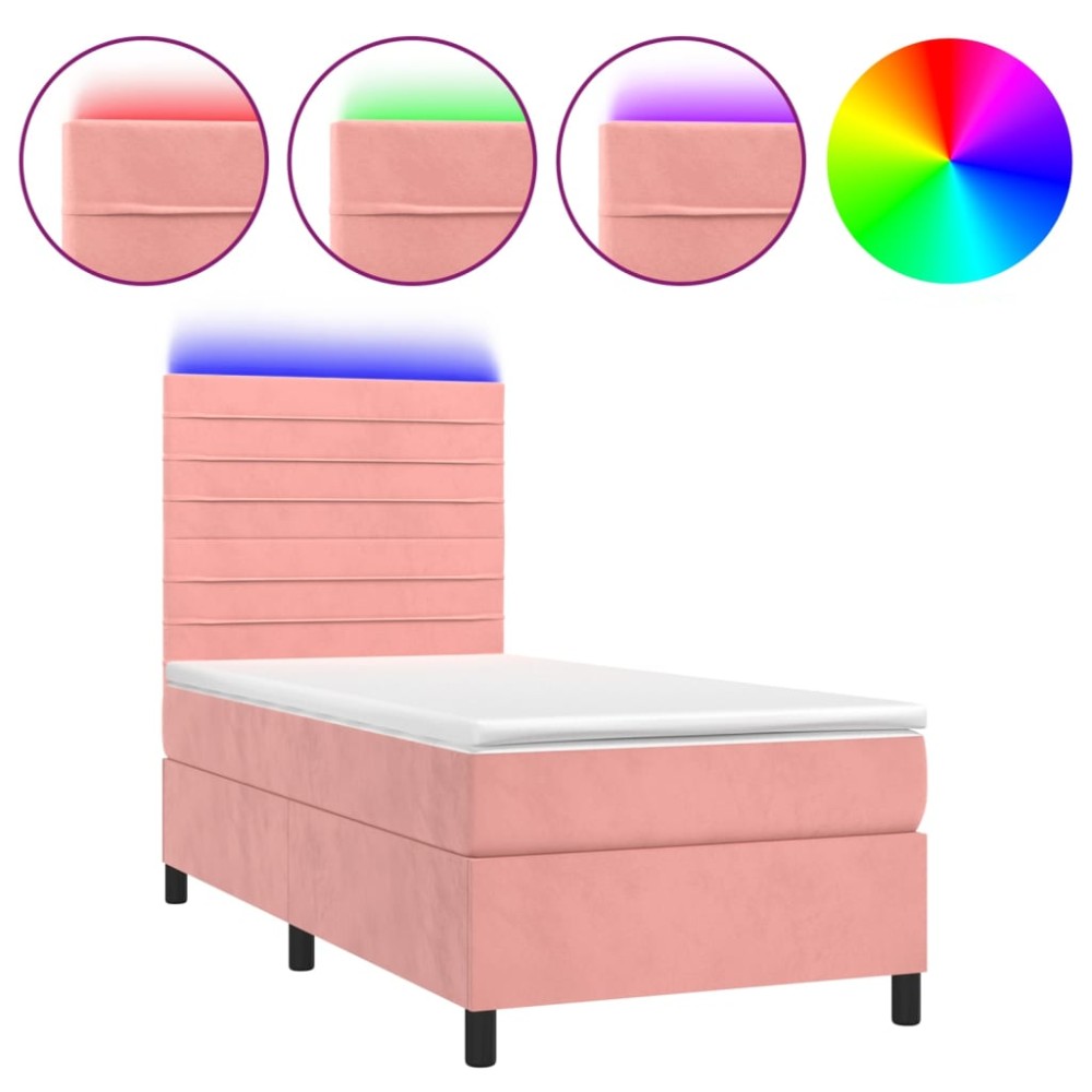 vidaXL Κρεβάτι Boxspring με Στρώμα & LED Ροζ 90x190 εκ. Βελούδινο