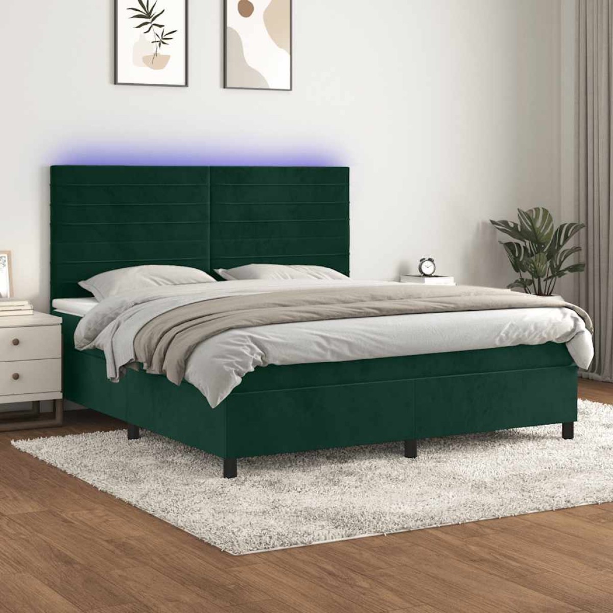 vidaXL Κρεβάτι Boxspring με Στρώμα & LED Σκ. Πράσινο 160x200εκ Βελούδο