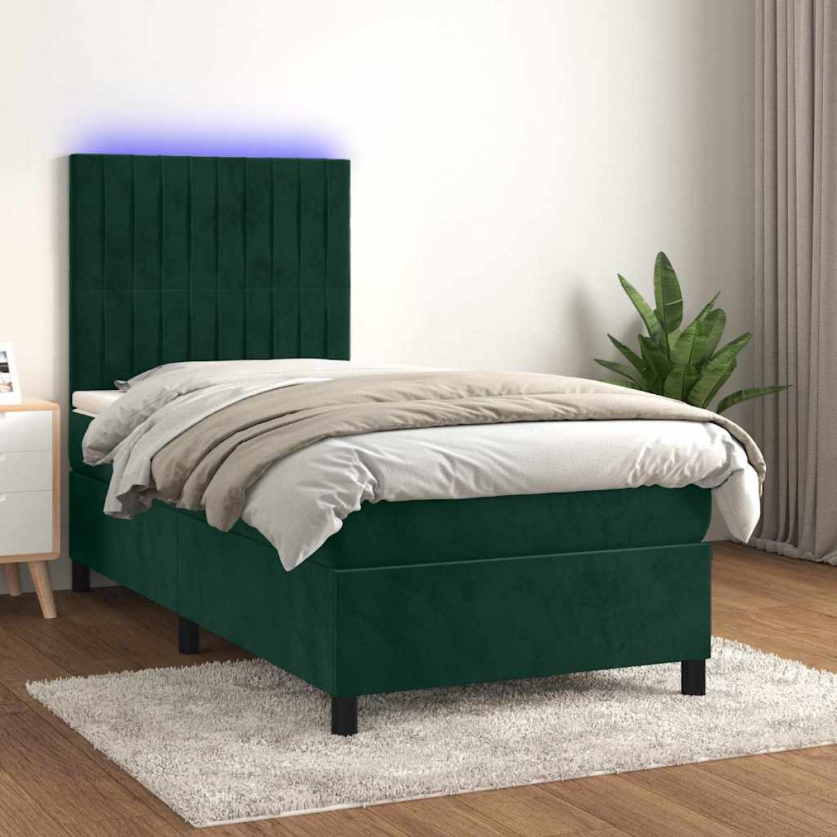 vidaXL Κρεβάτι Boxspring με Στρώμα & LED Σκ. Πράσινο 80x200 εκ Βελούδο