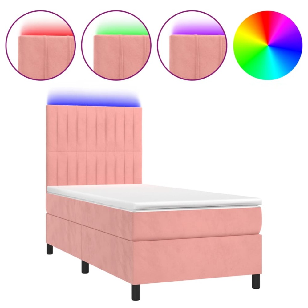 vidaXL Κρεβάτι Boxspring με Στρώμα & LED Ροζ 80 x 200 εκ. Βελούδινο