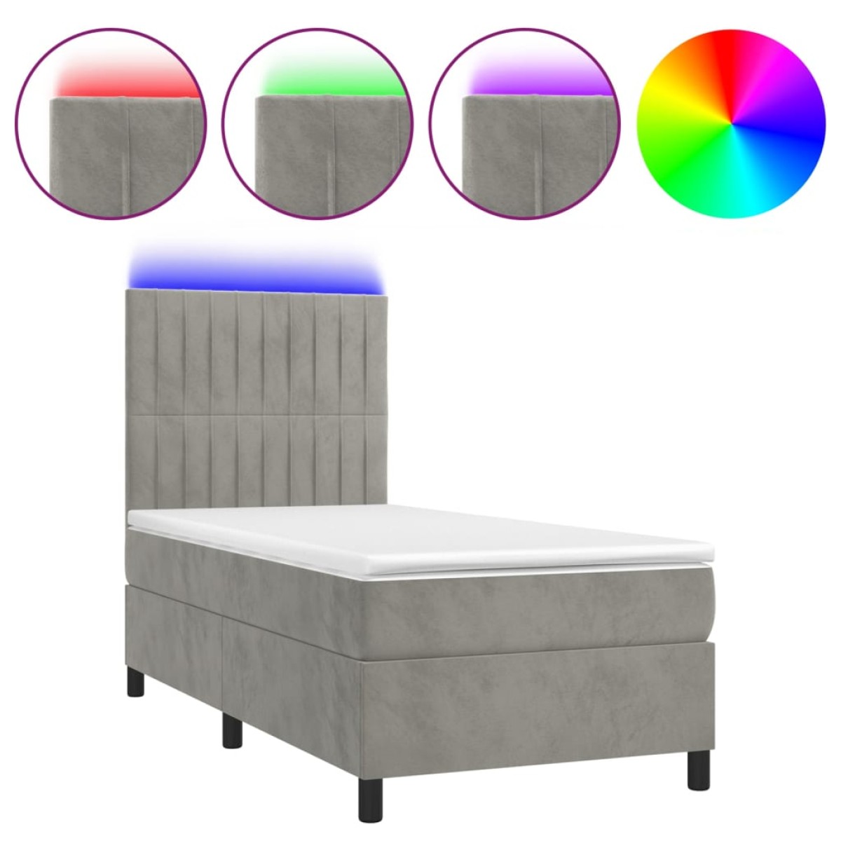 vidaXL Κρεβάτι Boxspring με Στρώμα & LED Αν.Γκρι 90x200 εκ. Βελούδινο