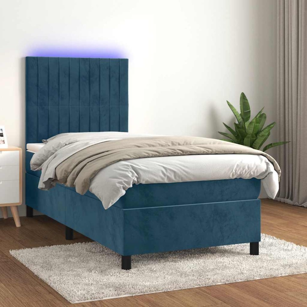 vidaXL Κρεβάτι Boxspring με Στρώμα & LED Σκ. Μπλε 100x200εκ. Βελούδινο