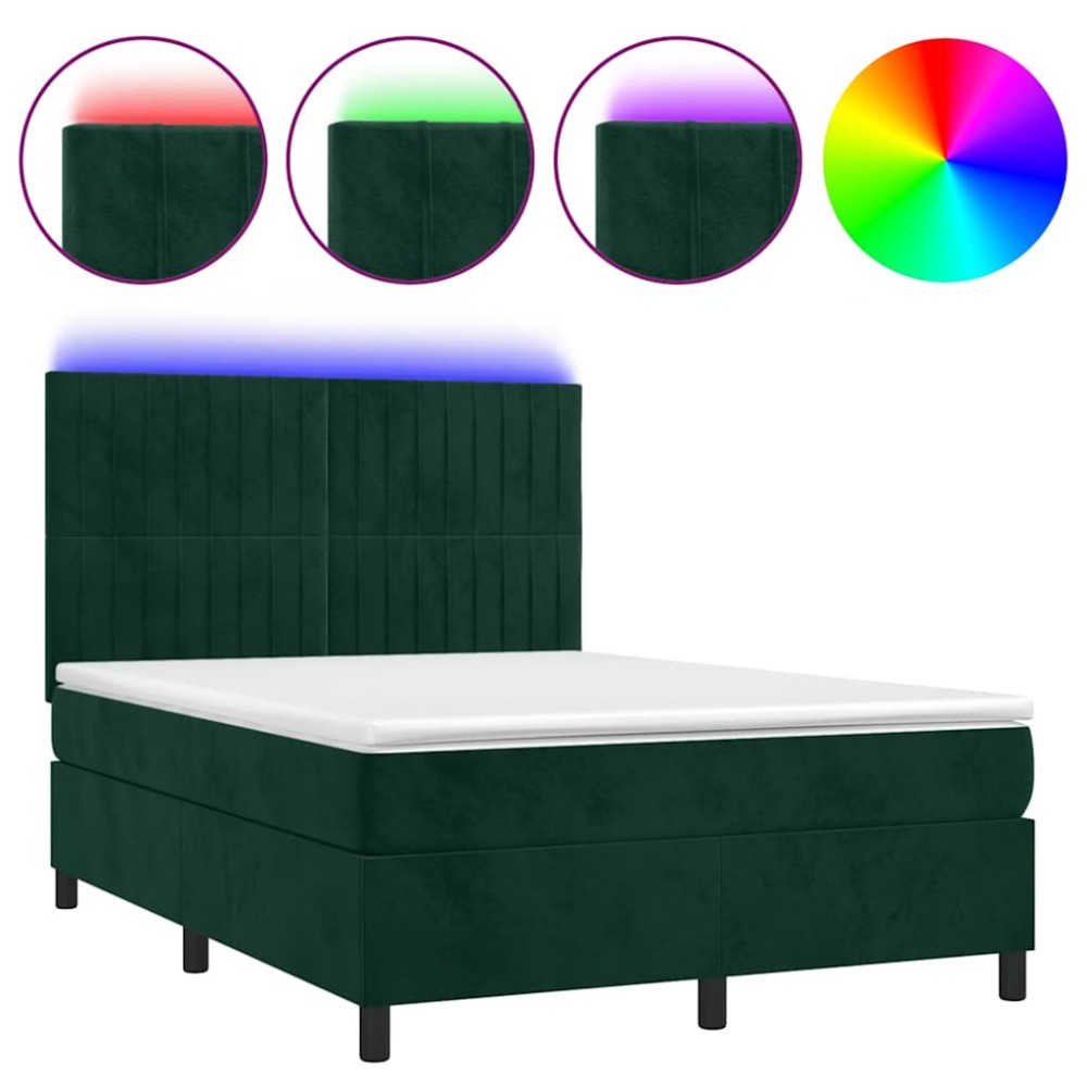 vidaXL Κρεβάτι Boxspring με Στρώμα & LED Σκ. Πράσινο 140x190εκ Βελούδο