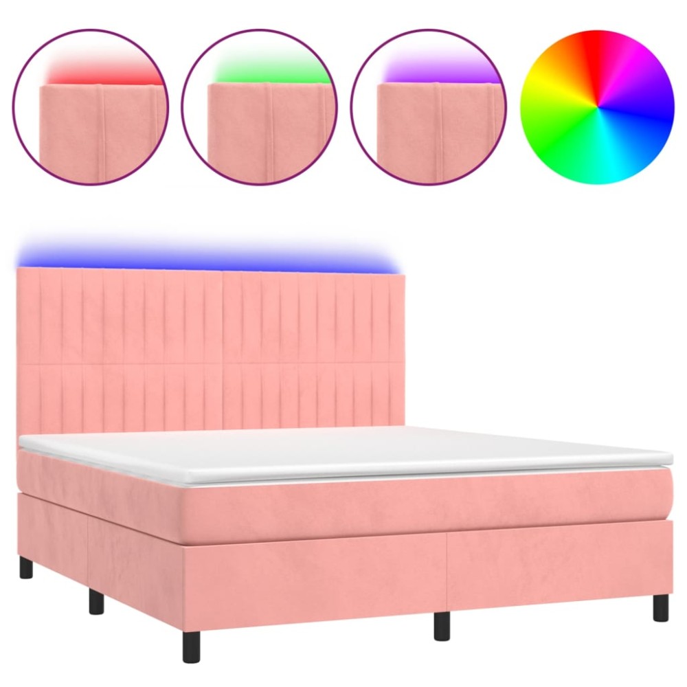 vidaXL Κρεβάτι Boxspring με Στρώμα & LED Ροζ 160x200 εκ. Βελούδινο
