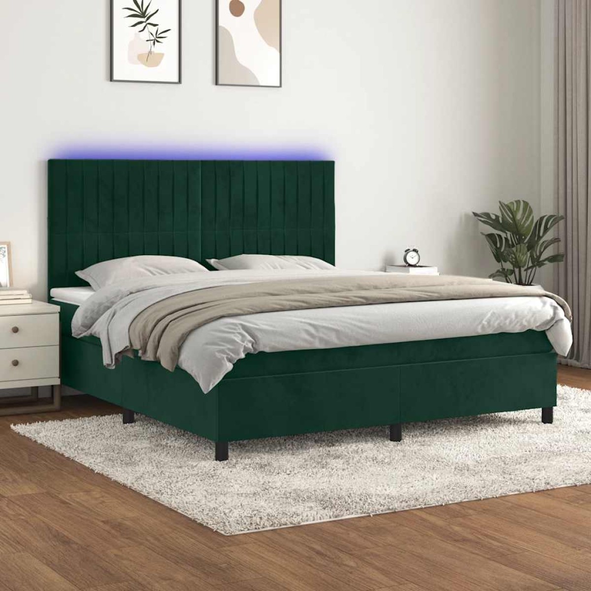 vidaXL Κρεβάτι Boxspring με Στρώμα & LED Σκ. Πράσινο 180x200εκ Βελούδο