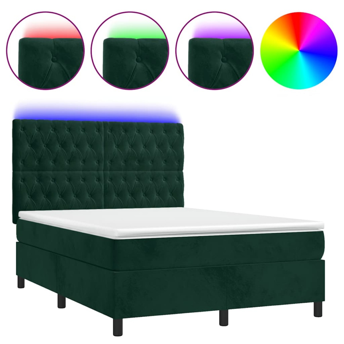 vidaXL Κρεβάτι Boxspring με Στρώμα & LED Σκ. Πράσινο 140x200εκ Βελούδο