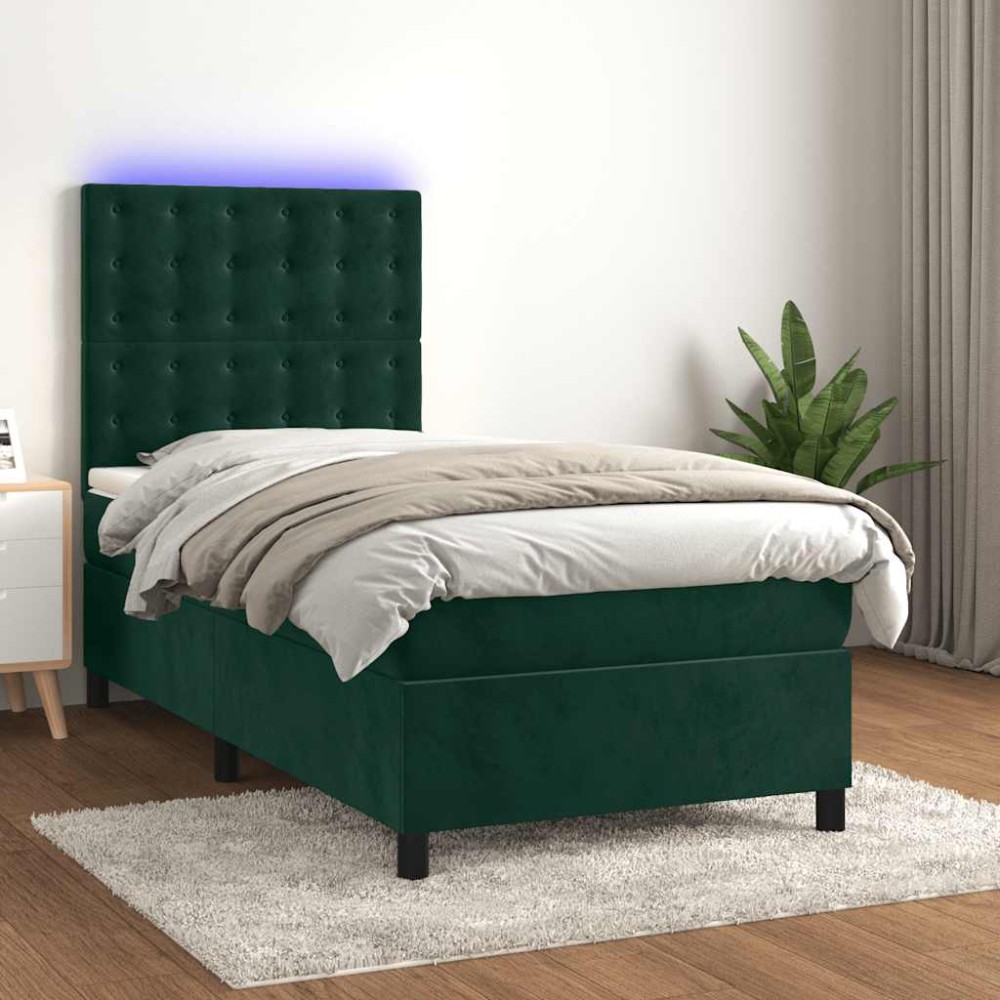 vidaXL Κρεβάτι Boxspring με Στρώμα & LED Σκ. Πράσινο 80x200 εκ Βελούδο