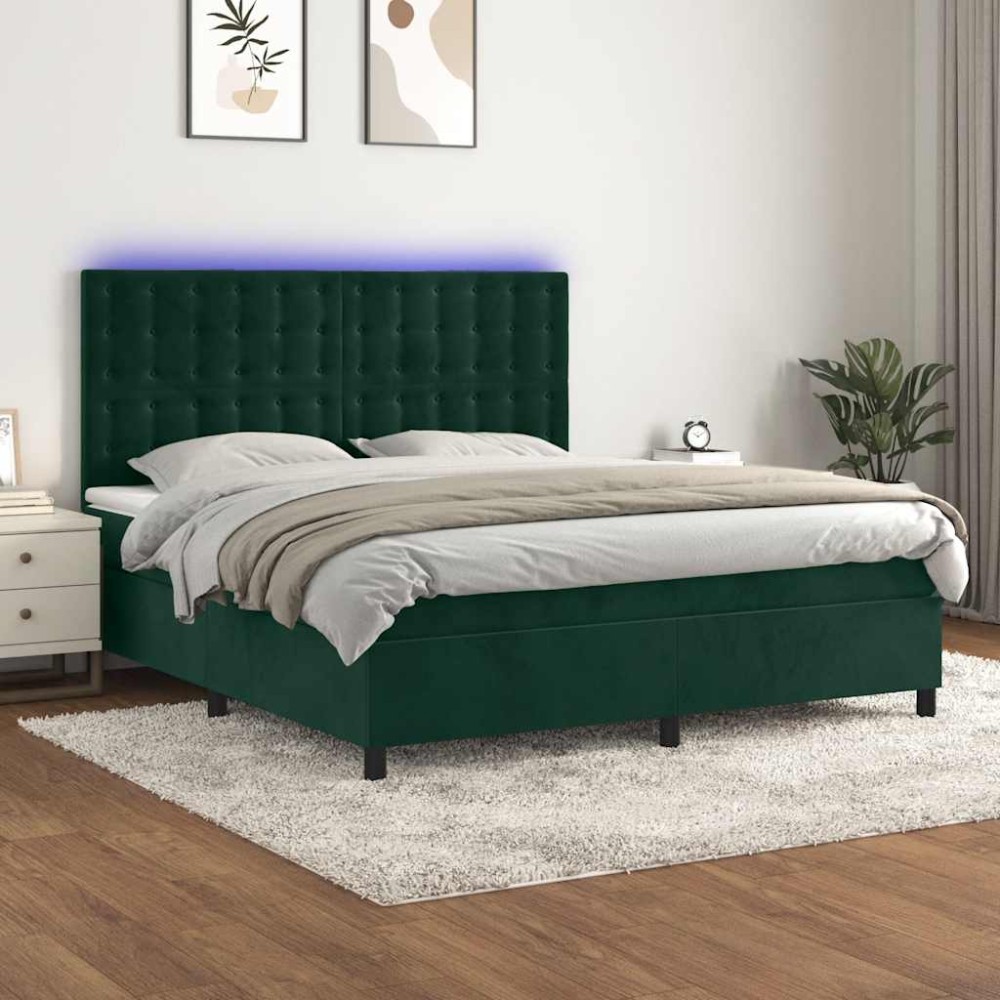 vidaXL Κρεβάτι Boxspring με Στρώμα & LED Σκ. Πράσινο 160x200εκ Βελούδο