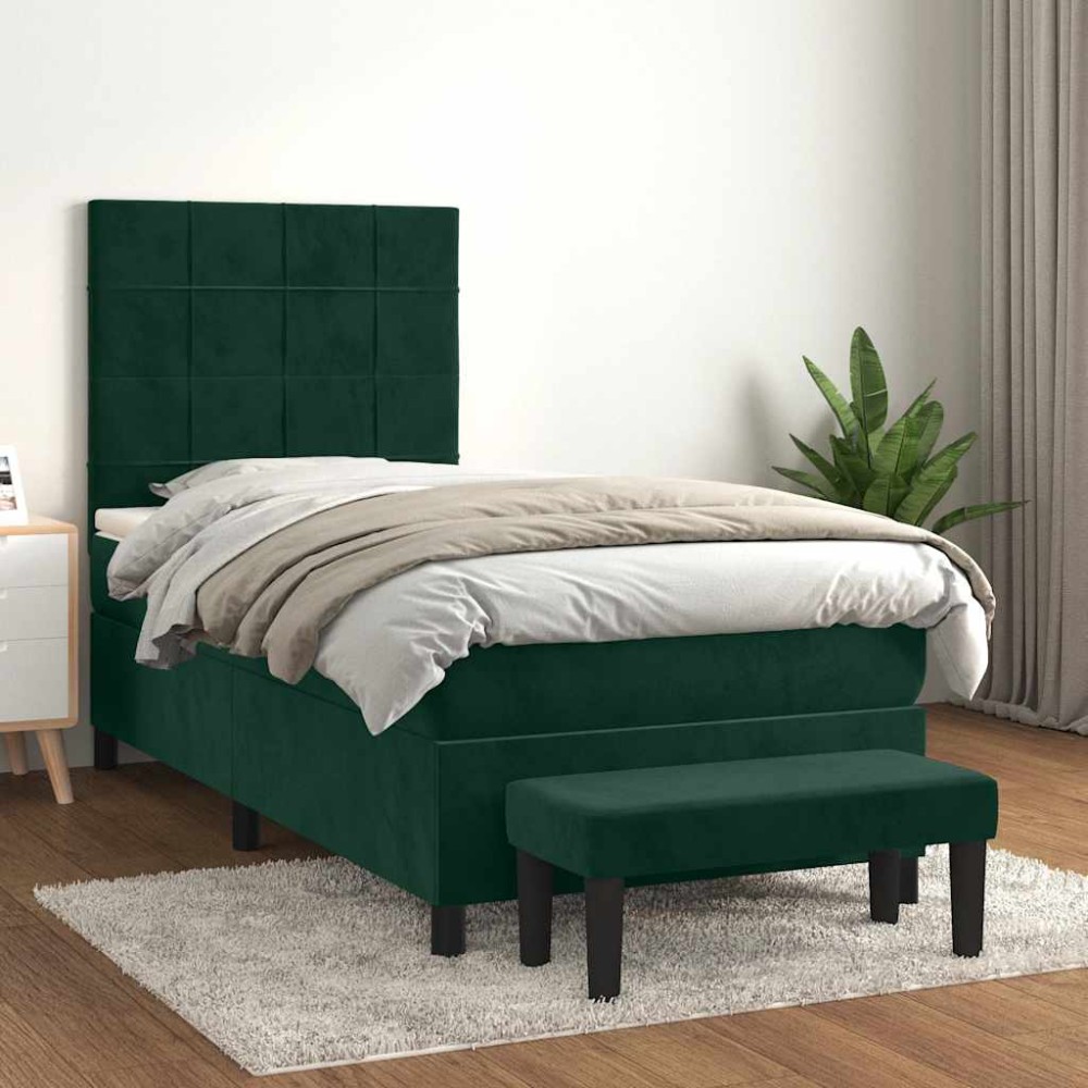 vidaXL Κρεβάτι Boxspring με Στρώμα Σκούρο Πράσινο 90x190 εκ. Βελούδινο