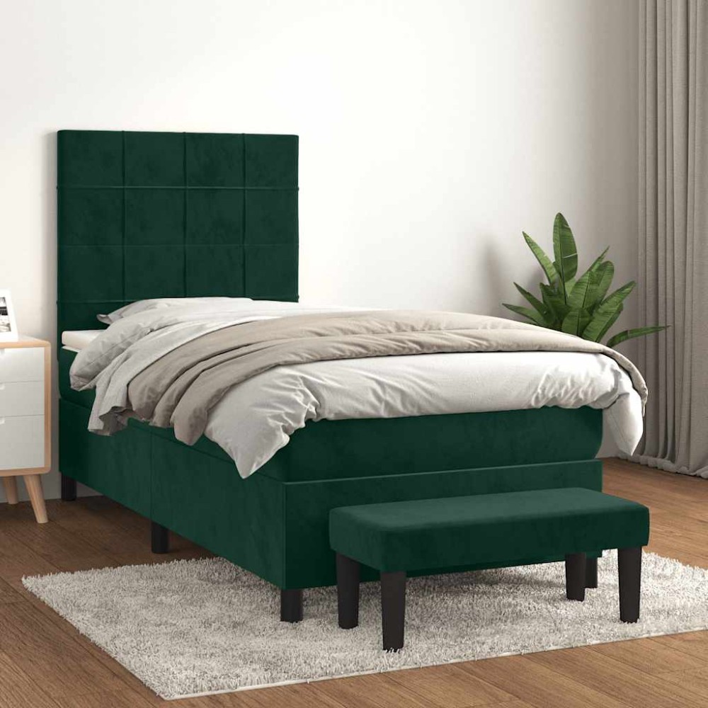 vidaXL Κρεβάτι Boxspring με Στρώμα Σκούρο Πράσινο 100x200εκ. Βελούδινο