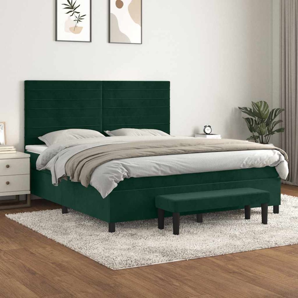 vidaXL Κρεβάτι Boxspring με Στρώμα Σκούρο Πράσινο 160x200εκ. Βελούδινο