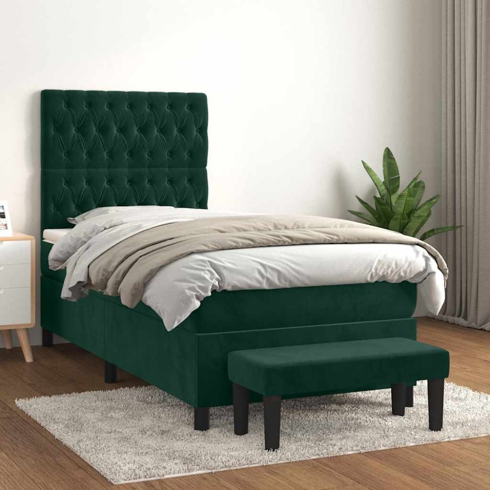 vidaXL Κρεβάτι Boxspring με Στρώμα Σκούρο Πράσινο 90x200 εκ. Βελούδινο