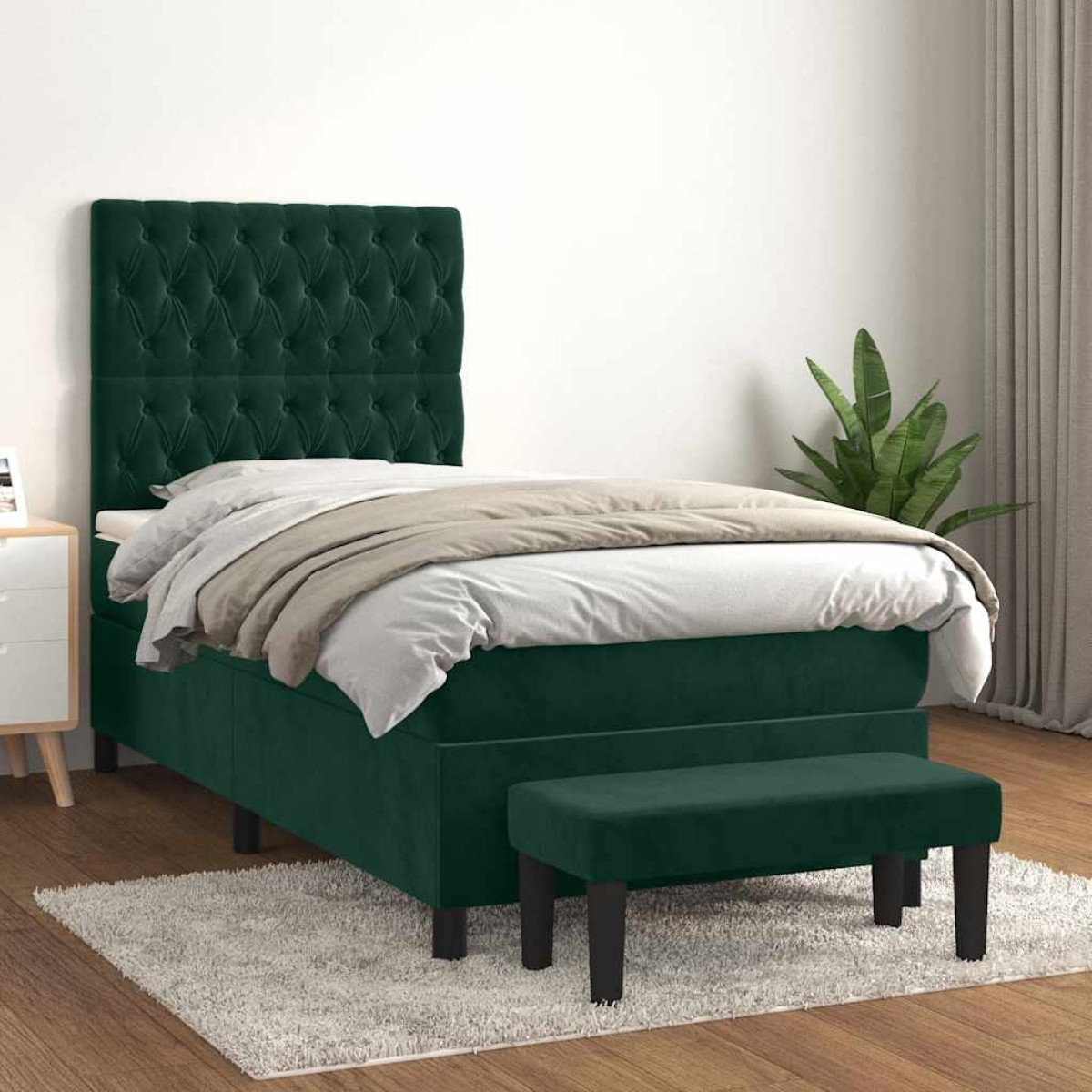vidaXL Κρεβάτι Boxspring με Στρώμα Σκούρο Πράσινο 90x200 εκ. Βελούδινο