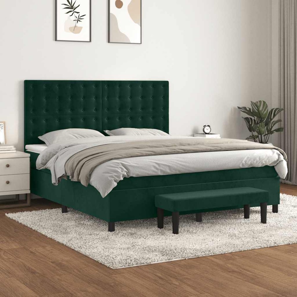 vidaXL Κρεβάτι Boxspring με Στρώμα Σκούρο Πράσινο 160x200εκ. Βελούδινο