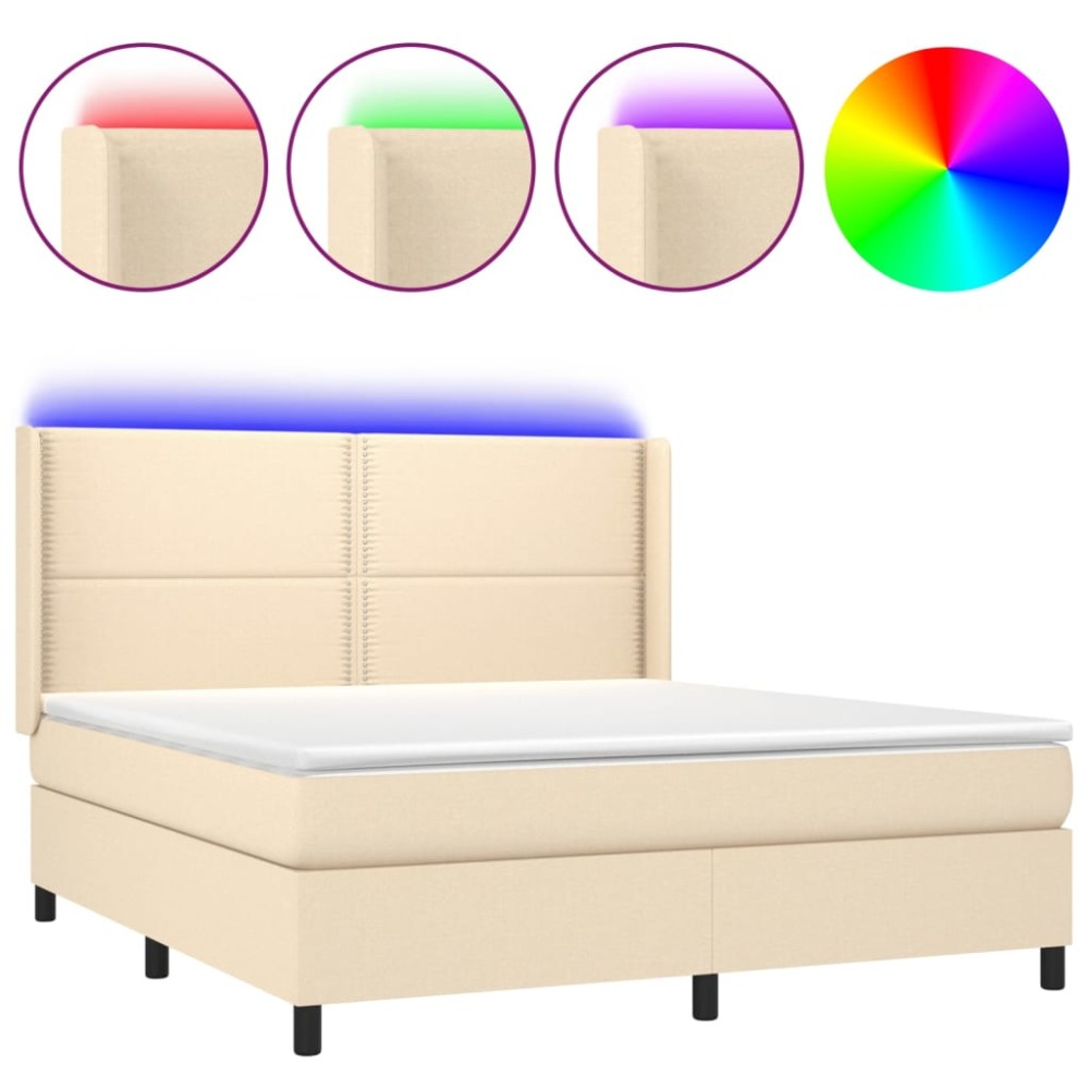 vidaXL Κρεβάτι Boxspring με Στρώμα & LED Κρεμ 180x200 εκ. Υφασμάτινο