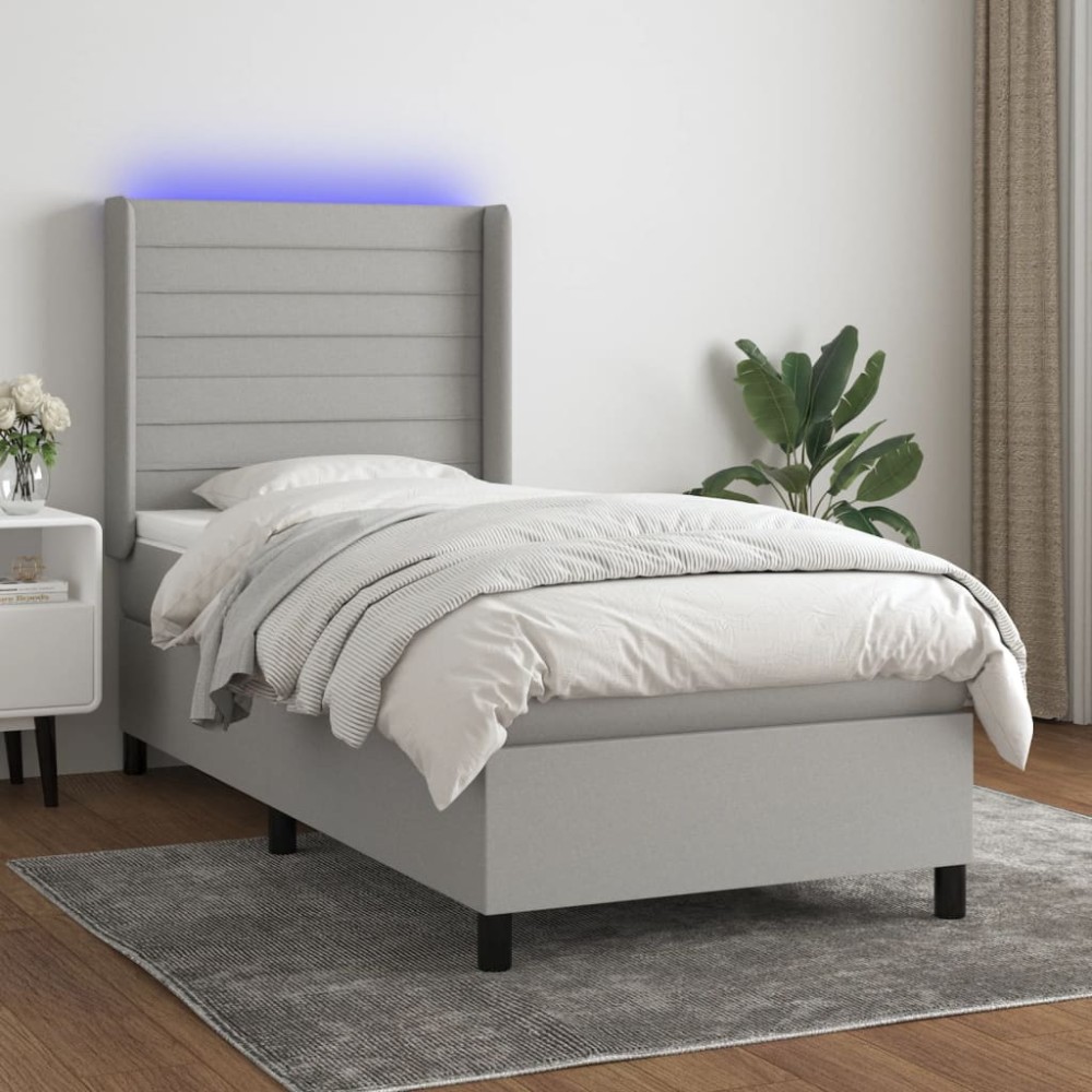 vidaXL Κρεβάτι Boxspring με Στρώμα & LED Αν.Γκρι 90x190 εκ. Υφασμάτινο