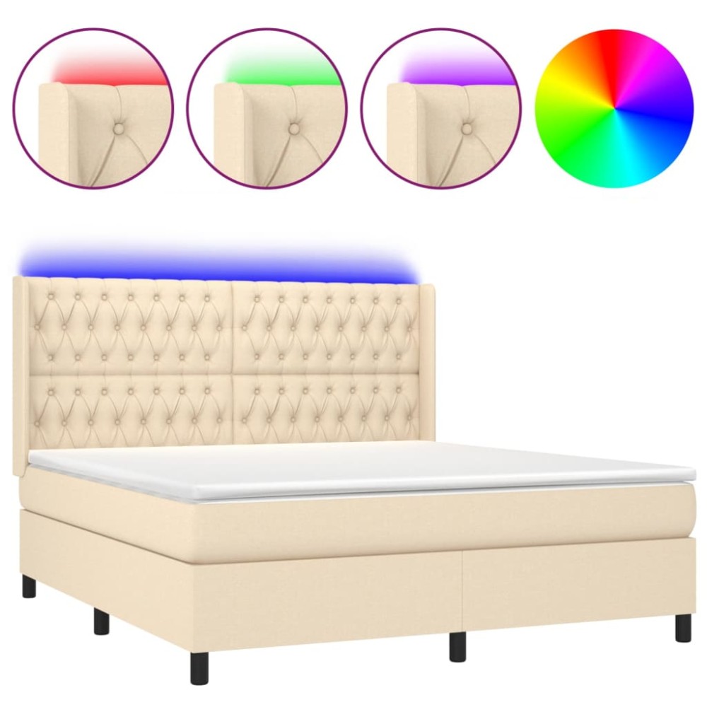 vidaXL Κρεβάτι Boxspring με Στρώμα & LED Κρεμ 160x200 εκ. Υφασμάτινο