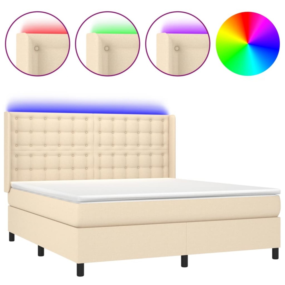 vidaXL Κρεβάτι Boxspring με Στρώμα & LED Κρεμ 180x200 εκ. Υφασμάτινο