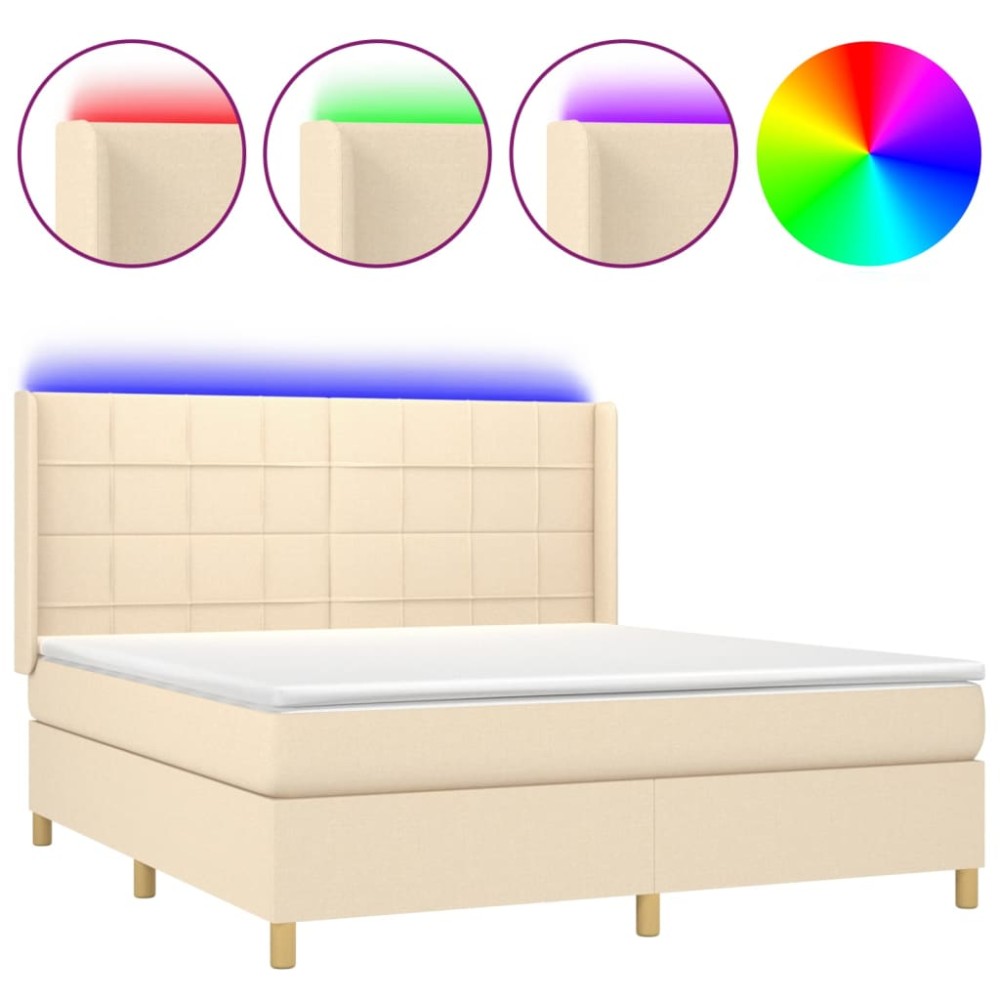 vidaXL Κρεβάτι Boxspring με Στρώμα & LED Κρεμ 180x200 εκ. Υφασμάτινο