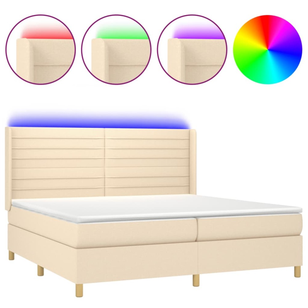 vidaXL Κρεβάτι Boxspring με Στρώμα & LED Κρεμ 200x200 εκ. Υφασμάτινο