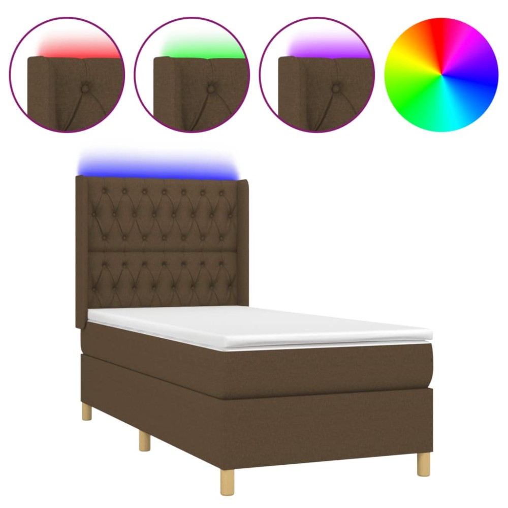 vidaXL Κρεβάτι Boxspring με Στρώμα & LED Σκ.Καφέ 90x190 εκ. Υφασμάτινο