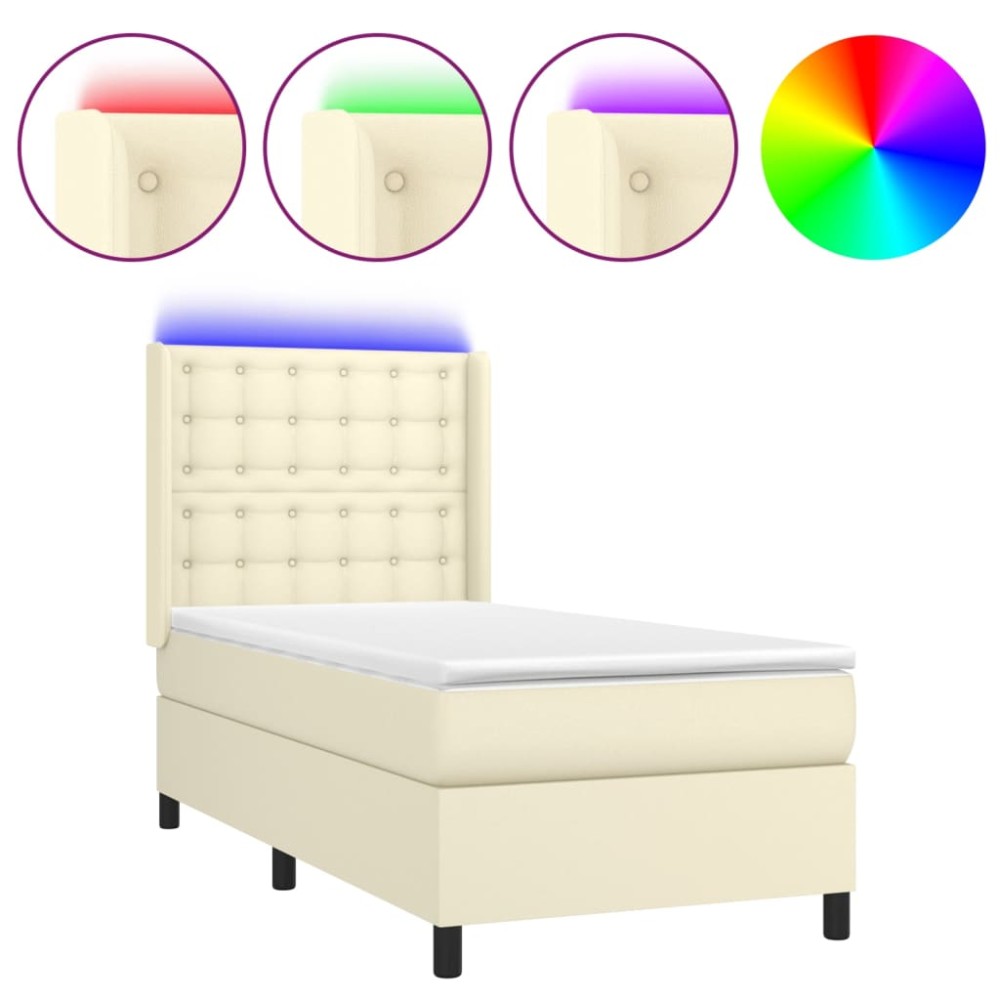 vidaXL Κρεβάτι Boxspring με Στρώμα & LED Κρεμ 90x190 εκ. Συνθ. Δέρμα
