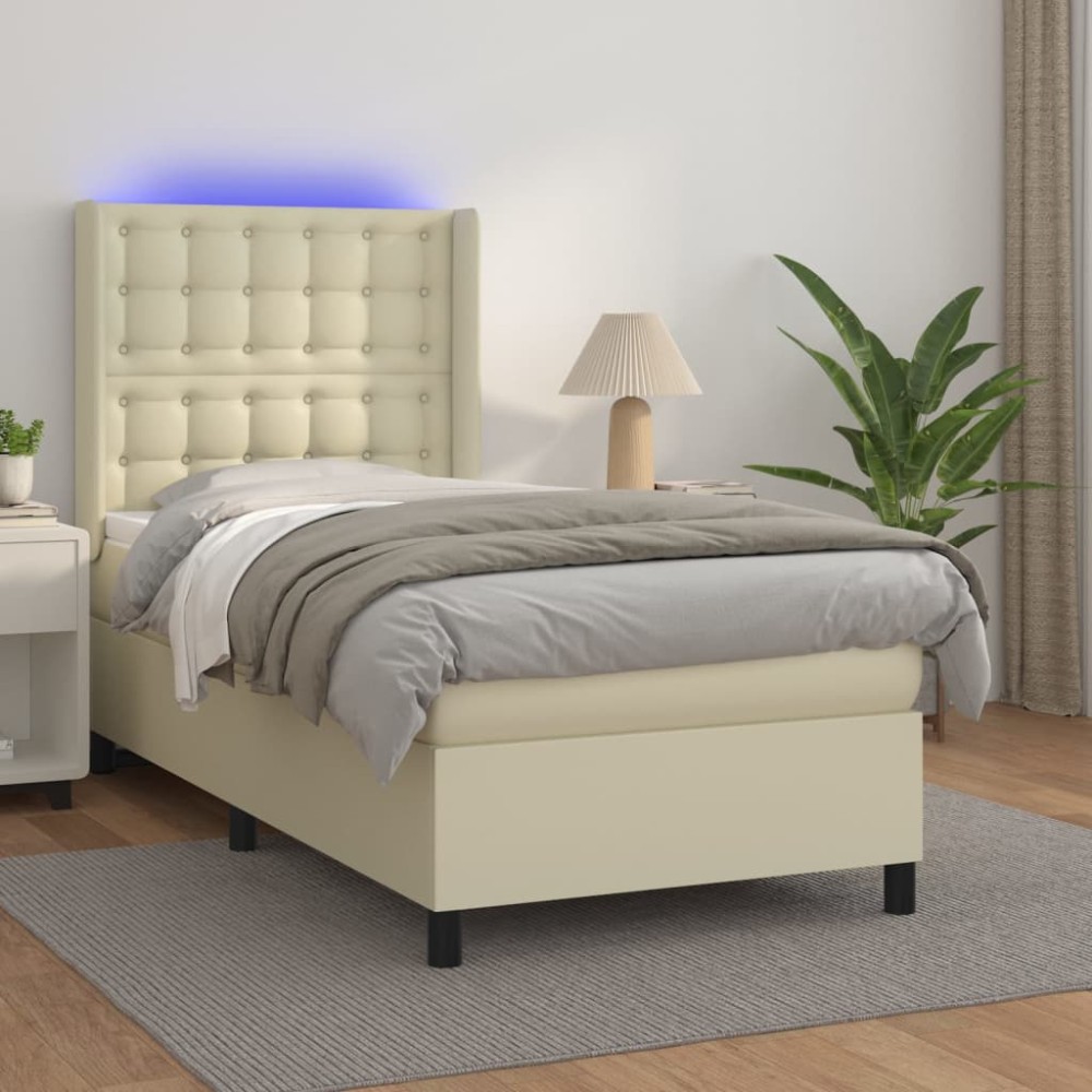 vidaXL Κρεβάτι Boxspring με Στρώμα & LED Κρεμ 90x190 εκ. Συνθ. Δέρμα