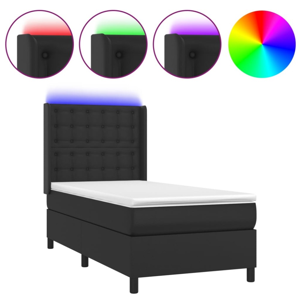 vidaXL Κρεβάτι Boxspring με Στρώμα & LED Μαύρο 90x200 εκ. Συνθ. Δέρμα