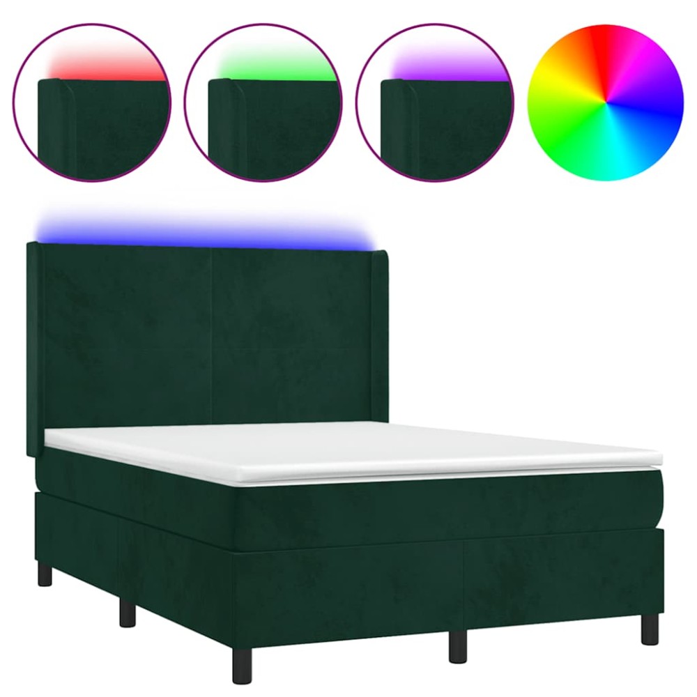 vidaXL Κρεβάτι Boxspring με Στρώμα & LED Σκ. Πράσινο 140x190εκ Βελούδο