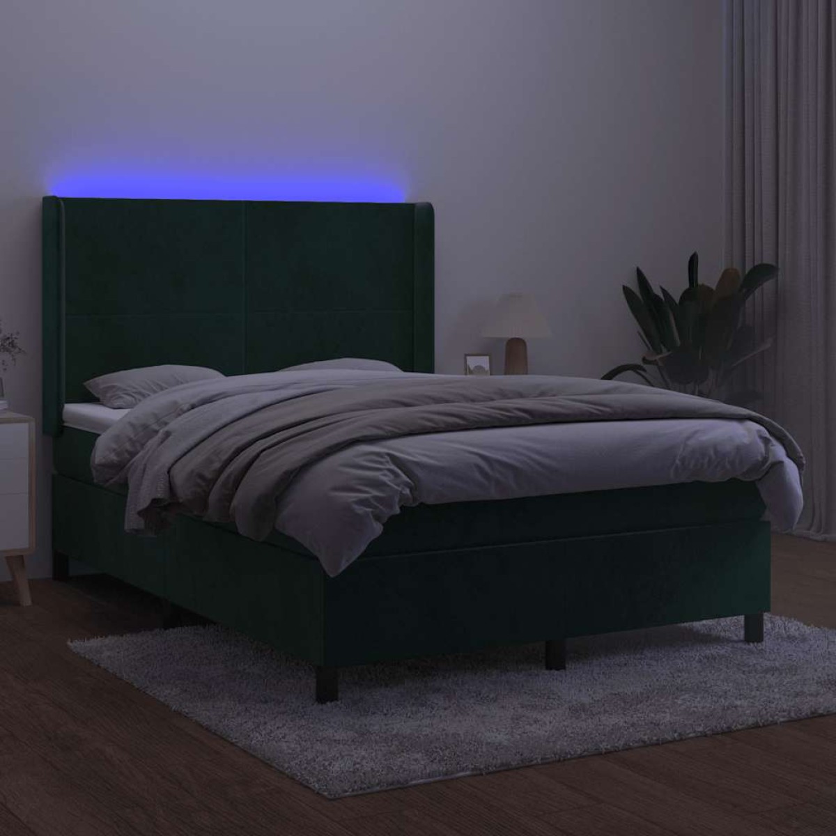 vidaXL Κρεβάτι Boxspring με Στρώμα & LED Σκ. Πράσινο 140x190εκ Βελούδο