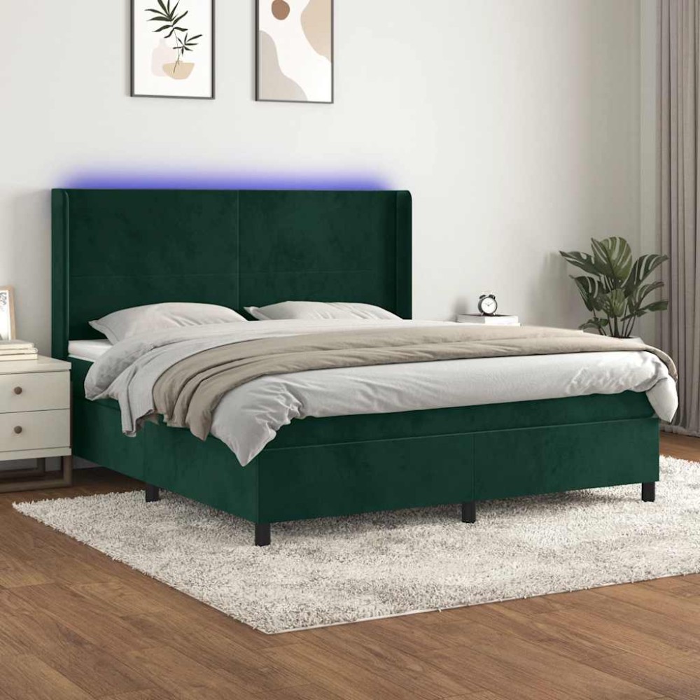 vidaXL Κρεβάτι Boxspring με Στρώμα & LED Σκ. Πράσινο 160x200εκ Βελούδο