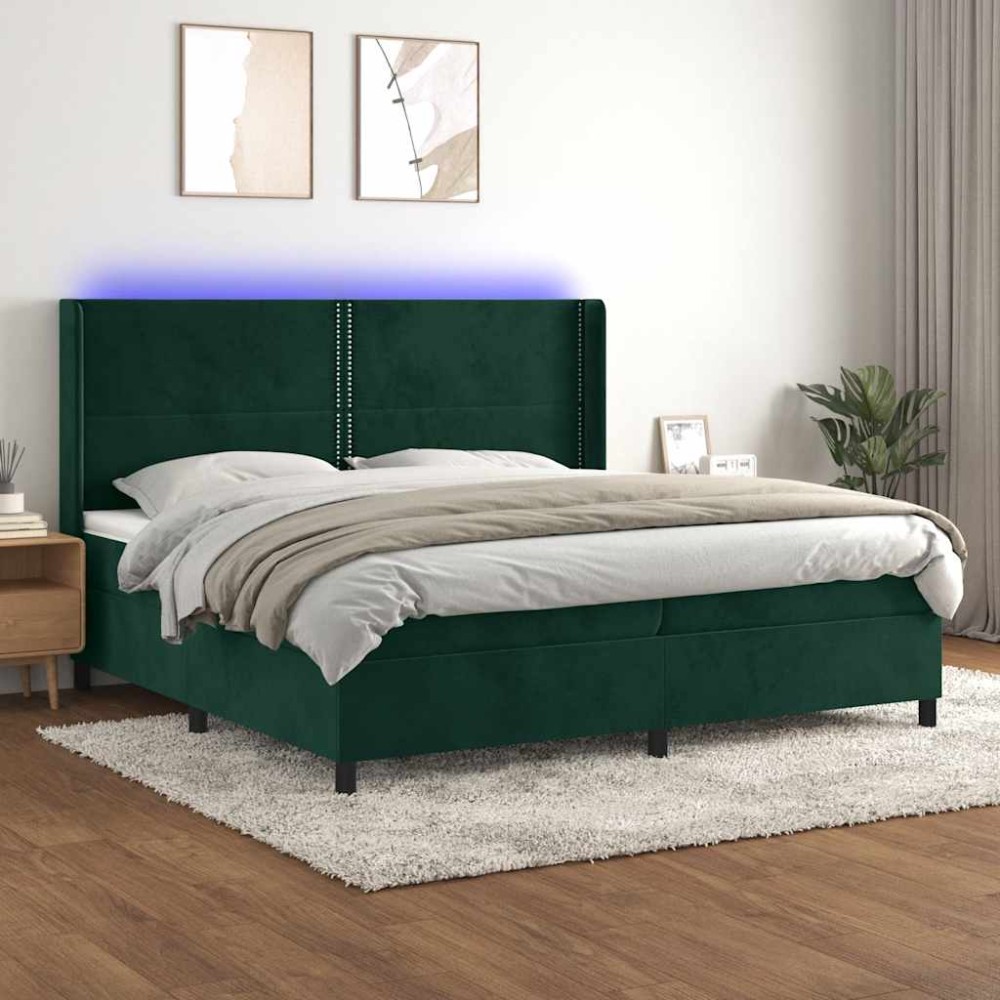 vidaXL Κρεβάτι Boxspring με Στρώμα & LED Σκ. Πράσινο 200x200εκ Βελούδο