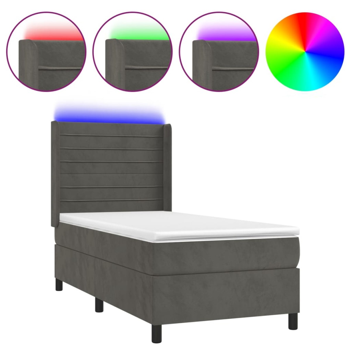 vidaXL Κρεβάτι Boxspring με Στρώμα & LED Σκ. Γκρι 90x190 εκ. Βελούδινο