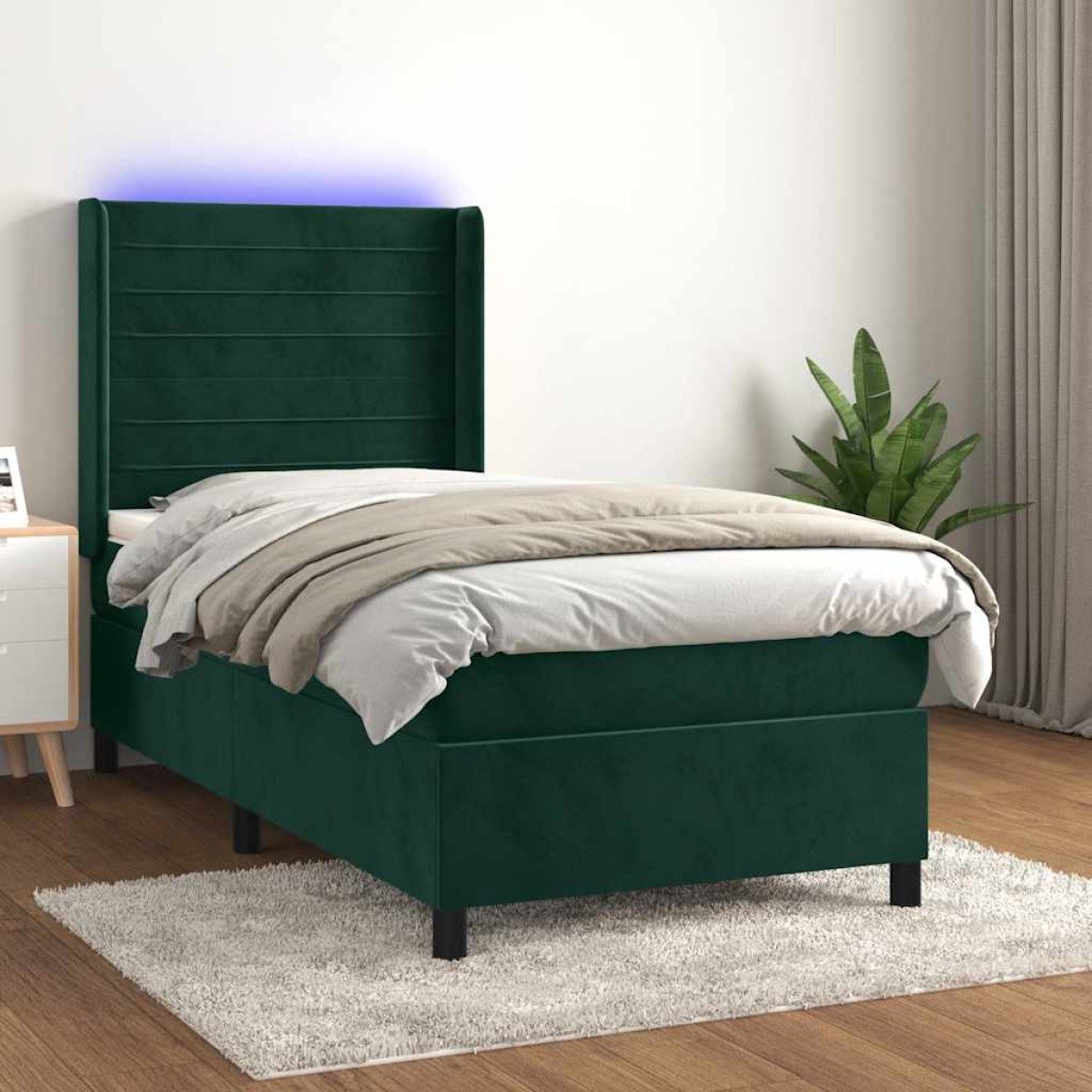 vidaXL Κρεβάτι Boxspring με Στρώμα & LED Σκ. Πράσινο 90x190 εκ Βελούδο