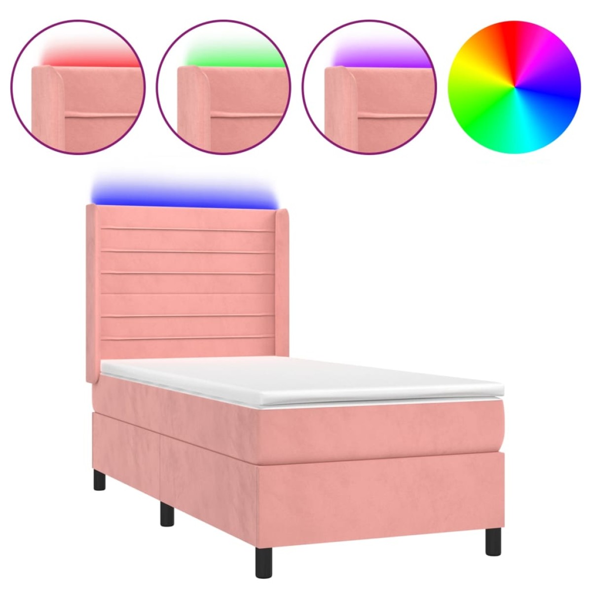 vidaXL Κρεβάτι Boxspring με Στρώμα & LED Ροζ 90x190 εκ. Βελούδινο
