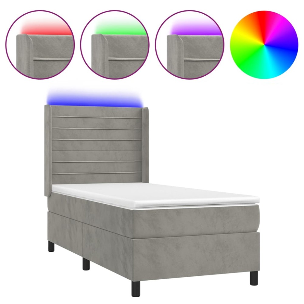 vidaXL Κρεβάτι Boxspring με Στρώμα & LED Αν.Γκρι 90x200 εκ. Βελούδινο
