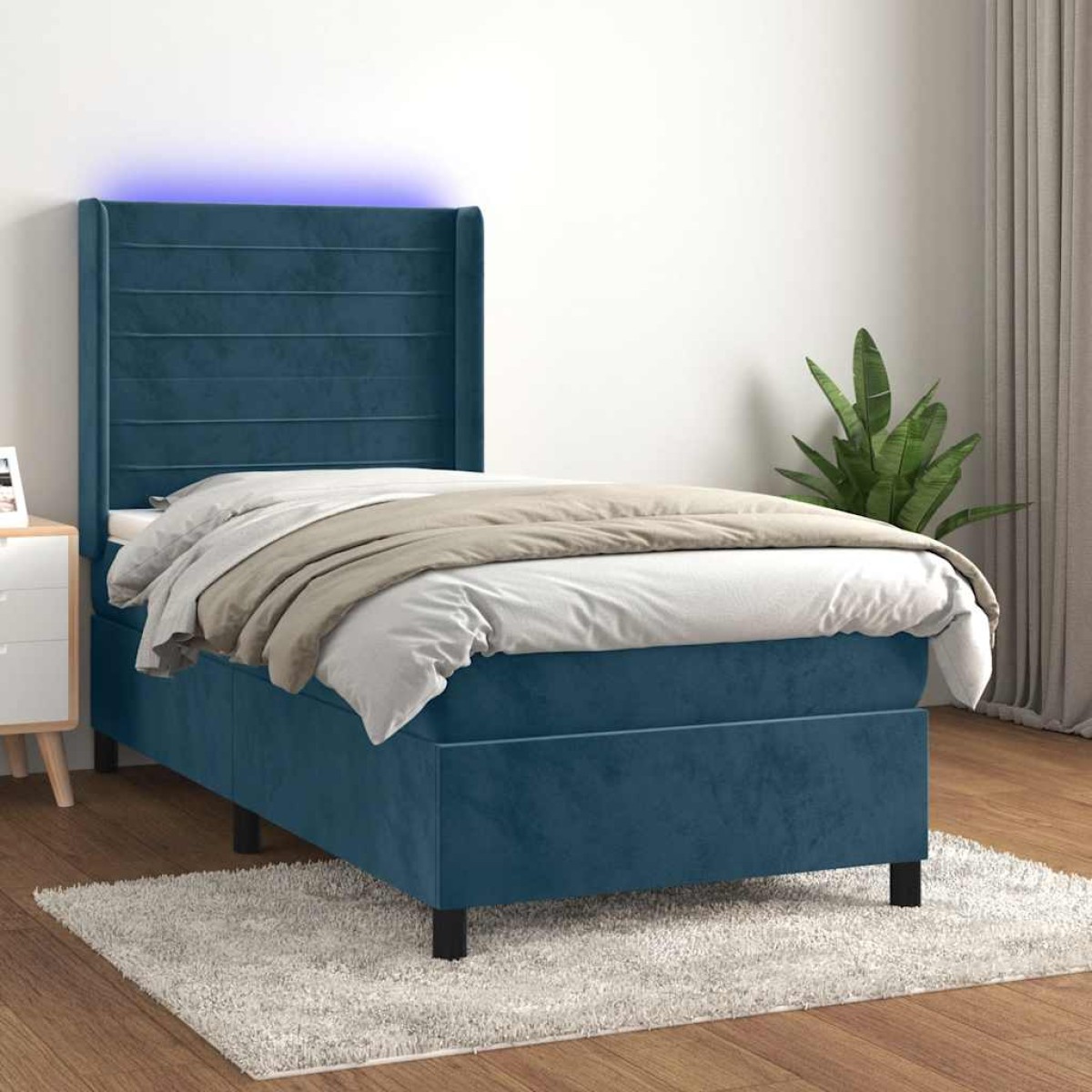 vidaXL Κρεβάτι Boxspring με Στρώμα & LED Σκ. Μπλε 90x200 εκ. Βελούδινο